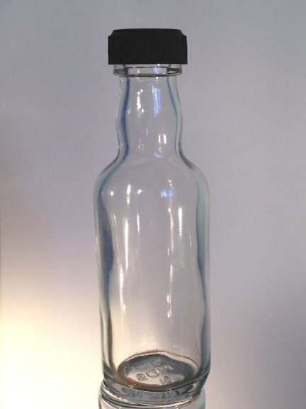 50ml clear glass miniature spirit bottles with black plastic Perfect for original wedding favour or gift. 